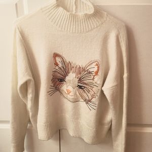 Anthropologie Moth Cat Embroidered Wool Blend Mockneck Sweater